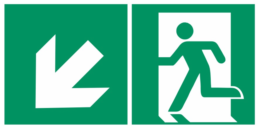 Fluchtwegeschild-6-E001 + Zusatzzeichen-Notausgang links mit Richtungspfeil links abwärts-DIN EN ISO Fluchtwegeschild-6-E001 + Zusatzzeichen-Notausgang links mit Richtungspfeil links abwärts-DIN EN ISO