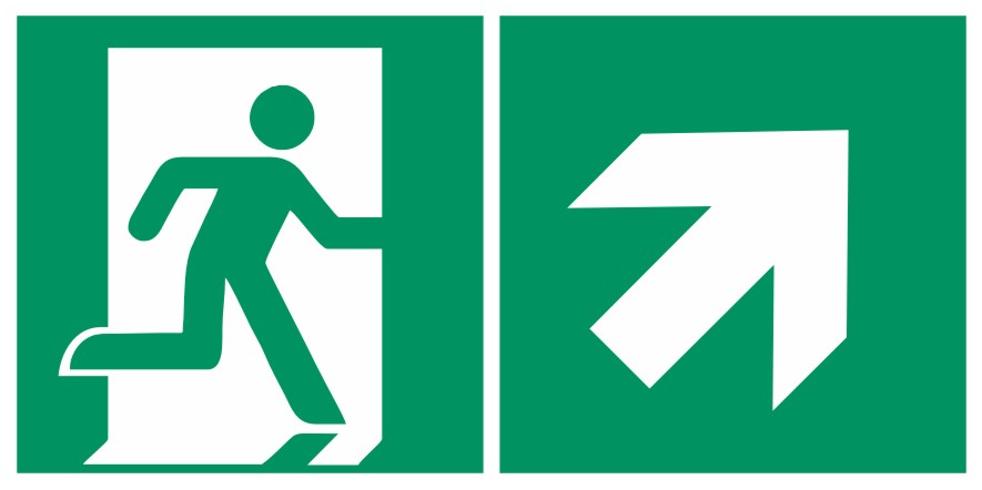 Fluchtwegeschild-6-E002 + Zusatzzeichen-Notausgang rechts mit Richtungspfeil rechts aufwärts-DIN EN ISO Fluchtwegeschild-6-E002 + Zusatzzeichen-Notausgang rechts mit Richtungspfeil rechts aufwärts-DIN EN ISO