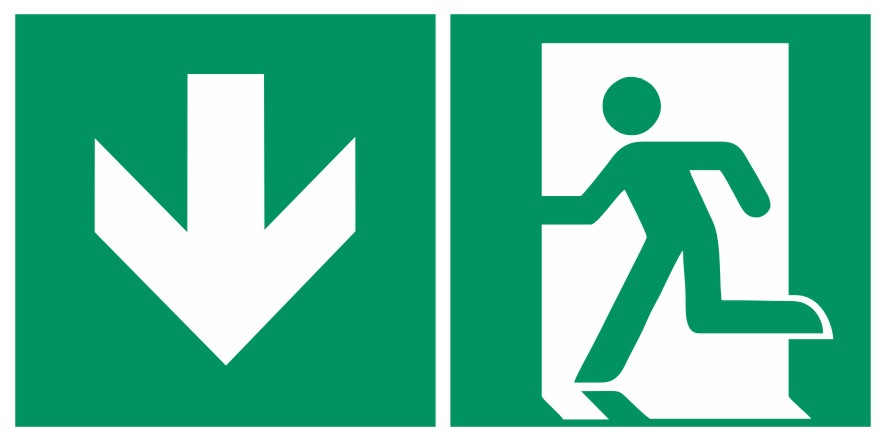 Fluchtwegeschild-6-E001 + Zusatzzeichen-Notausgang links mit Richtungspfeil abwärts-DIN EN ISO 7010
